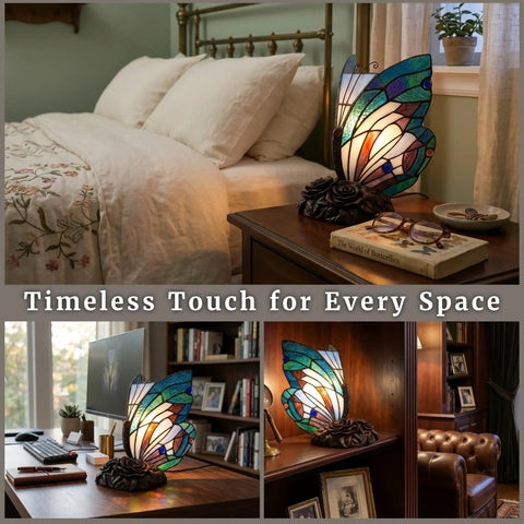 Handcrafted Stained Glass Butterfly Lamp With LED Bulb Included, Desk And Table Light For Bedroom Or Living Space, Colorful Vintage Vibe Decor, Beautiful Glass Art Accent in cozy bedroom.