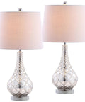 Mercury Silver Glass Table Lamp Set Of 2 With White Linen Shades, 25.5 Inch Sleek Modern Transitional Trellis Design