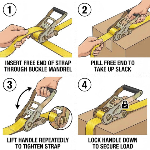 Instructions for Tough As Nails Heavy Duty Ratchet Straps 2 Pack 2 Inch By 20 Feet demonstrating how to secure a load.