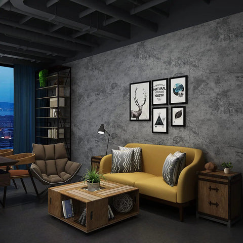 Living room with Thick Grey Blue Concrete Wallpaper Peel And Stick 24 By 354 Inches Waterproof Vinyl Cement Contact Paper Matte Finish