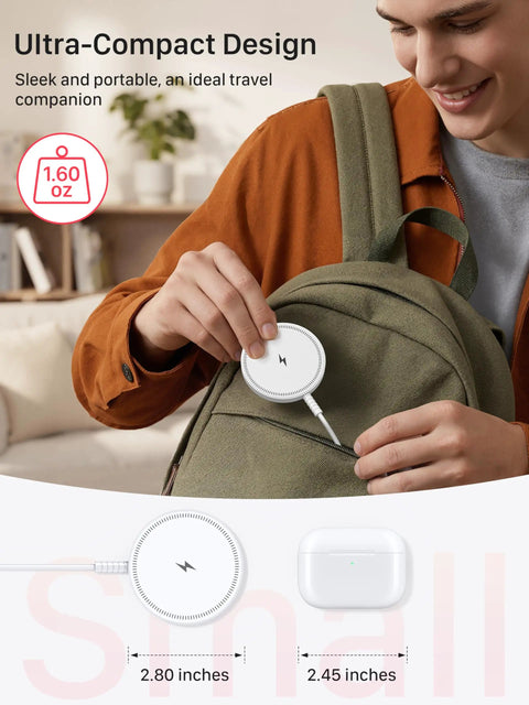 Person placing Wireless MagSafe Charger For iPhone 12-17 And AirPods Pro into backpack, showcasing compact 1.60 oz design.