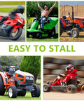 Collage of motorbike, green lawnmower, two tractors, and go-kart; overlay text 'Easy to Stall'