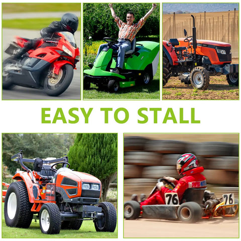 Collage of motorbike, green lawnmower, two tractors, and go-kart; overlay text 'Easy to Stall'
