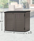 34 Cu Ft Horizontal Resin Storage Shed With Floor Included For Outdoor Use Weatherproof And Lockable Fits Small To Medium Trash Cans Generators And Garden Tools Stoney Black in a patio setting with measurement annotations