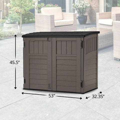 34 Cu Ft Horizontal Resin Storage Shed With Floor Included For Outdoor Use Weatherproof And Lockable Fits Small To Medium Trash Cans Generators And Garden Tools Stoney Black in a patio setting with measurement annotations