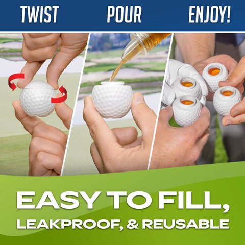 Mulligan Shots Golf Ball Shot Glasses With Lids 12 Pack Real Golf Ball Look Each 1.5 Oz Durable On Course Barware shown being used