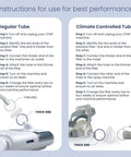 Instructions for Inline CPAP Filter Pack showing filter setup on regular and climate controlled CPAP tubes with diagrams.