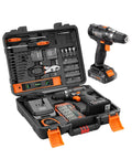 Must Have Cordless Drill Set With 108 Piece Home Tool Kit, 20V Li-Ion Battery And Charger, in open case showing tools