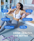 Woman drinking water with benefits of hydration highlighted: balanced pH, enhanced hydration, reduced contaminants, improved water taste.