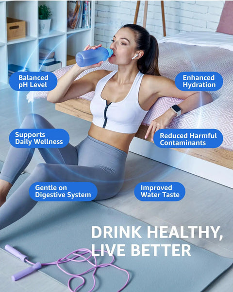 Woman drinking water with benefits of hydration highlighted: balanced pH, enhanced hydration, reduced contaminants, improved water taste.