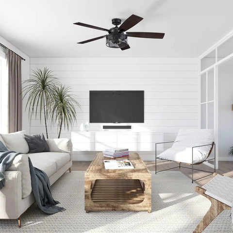 Carnegie Industrial 52 Inch Ceiling Fan With Remote And LED Light, 5 Blades In Brown Chestnut, in large modern living room over 400 sq ft
