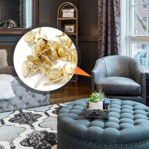 Slick Daisies Antique Gold Upholstery Tacks and 100 Piece Bronze Flat Head Nails with Rust Proof Finish displayed in a living room setting.