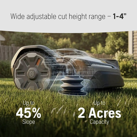 Automower 440iQ Robotic Lawn Mower For 2 Acre Yards Wire Free Low Maintenance No Fuss Set And Forget Operation showcasing slope capacity