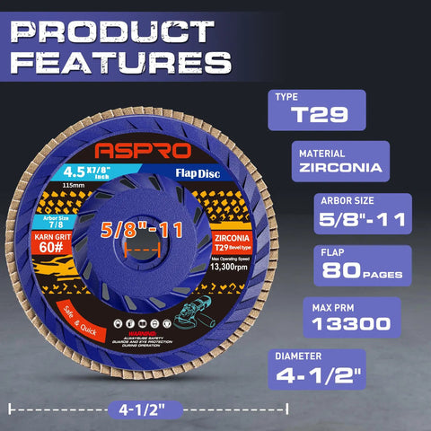 4.5 Inch Flap Discs For Angle Grinder 60 Grit T29 High Density Zirconia Grinding Wheel And Sanding Disc, front view