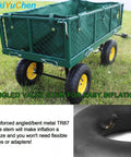 Green lawn cart with yellow wheels and heavy duty replacement inner tube with bent valve stem TR87 for 4.10/3.50-4 inch tires