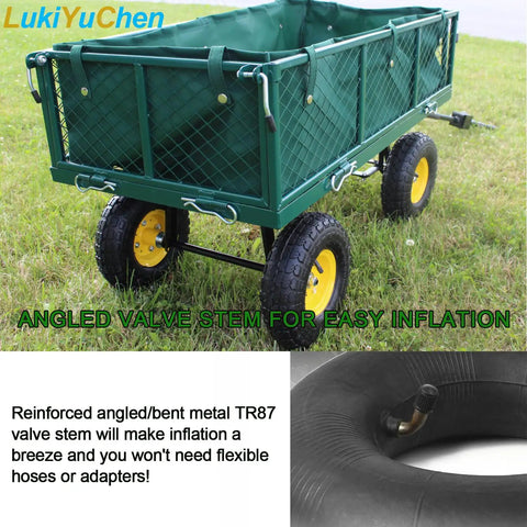 Green lawn cart with yellow wheels and heavy duty replacement inner tube with bent valve stem TR87 for 4.10/3.50-4 inch tires