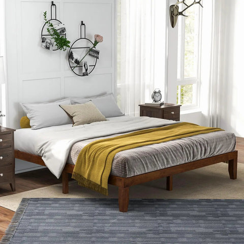 Rock Solid King Platform Bed Frame 14 Inch Profile Genuine Rubber Wood Heavy Duty Slat Support Premium Mattress Foundation No Box Spring Needed Hassle Free Setup Dark Walnut in a stylish bedroom setting.