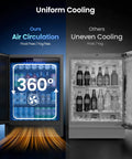 Comparison of 180 Can Beverage Refrigerator With Under Counter Design 24 Inch Outdoor Fridge in black, showing cooling efficiency.