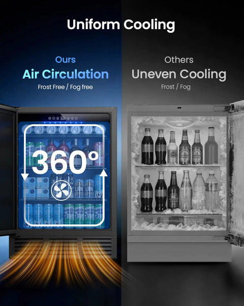 Comparison of 180 Can Beverage Refrigerator With Under Counter Design 24 Inch Outdoor Fridge in black, showing cooling efficiency.