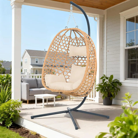 Cozy Hanging Egg Chair With Stand And Plush Cushions for patio, natural wood finish, modern boho style, rattan swing seat.
