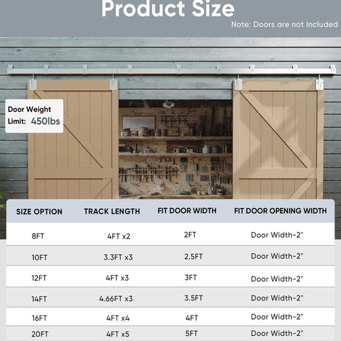 16 Foot Box Rail Exterior Barn Door Hardware Kit for Two Doors System installed on wooden barn exterior