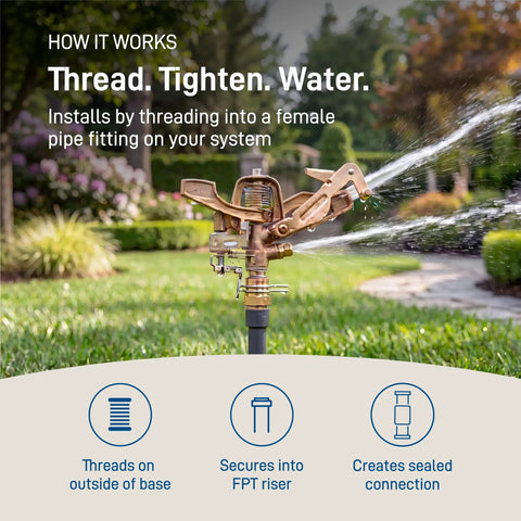 Heavy Duty Brass Impact Sprinkler Head Offering Close And Far Coverage With Dual Nozzles For Total Lawn Protection With Robust 3/4 In Mpt Connection And Heavy Duty Brass Build Without Kinking Or Failure In Your Garden Setup in a lush garden setting.