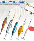 Heavy Duty Fishing Snap Swivels With Barrel Swivel And Safety Snap Lure Connector, 360 Degree Spin For No Twist, Stainless Steel Copper Build, Pro Grade Strength, Wear Resistant, Corrosion Resistant Gear For Freshwater And Saltwater. Fishing lures attached to snap swivels