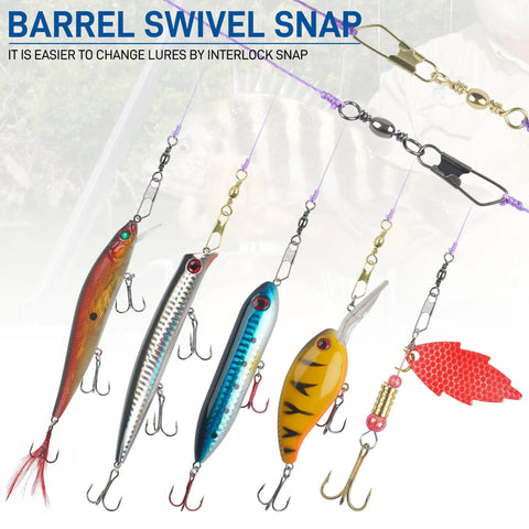 Heavy Duty Fishing Snap Swivels With Barrel Swivel And Safety Snap Lure Connector, 360 Degree Spin For No Twist, Stainless Steel Copper Build, Pro Grade Strength, Wear Resistant, Corrosion Resistant Gear For Freshwater And Saltwater. Fishing lures attached to snap swivels