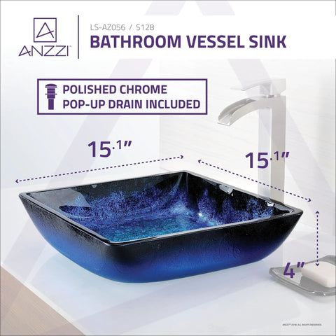 Blazing Blue Rectangular Glass Vessel Sink For Modern Bathrooms Top Mount Above Counter Vanity Bowl With Durable Tempered Glass