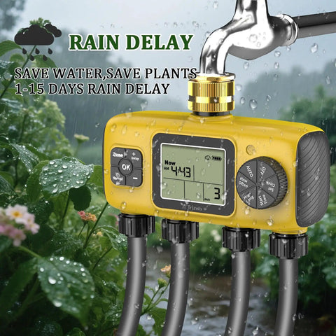Smart Four Zone Garden Hose Timer With Four Independent Outlets Brass Inlet Rain Delay And Manual Or Automatic Irrigation Controller