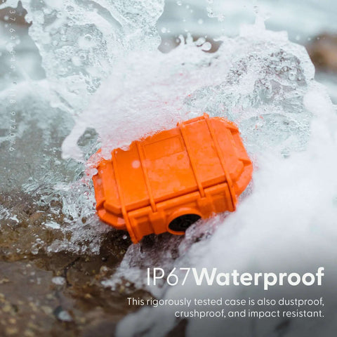 Badass Mil Spec Waterproof Dry Box Case For Cameras Camping And Survival Gear IP67 floating in water, orange color, impact resistant.