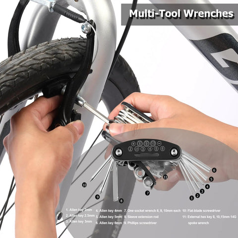Hands using multitool wrenches to install Beefed-Up All-In-One Bike Brake Kit for most bicycles and mountain bikes