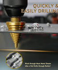 Step Drill Bit Set 3 Pcs Titanium HSS Unibit Drill Bits with Aluminum Case for Sheet Metal 28 Hole Sizes in action on metal sheet