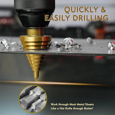 Step Drill Bit Set 3 Pcs Titanium HSS Unibit Drill Bits with Aluminum Case for Sheet Metal 28 Hole Sizes in action on metal sheet
