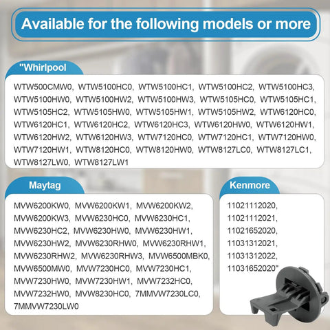 Washer Lid Lock Replacement Kit For Front Load Washers Door Latch Upgrade Compatible With MVW6230HW1 MVW6230HW2 MVW6230RHW0 MVW6230RHW1 And WTW Series Models WTW500CMW0 WTW5100HC0 WTW5100HC1 WTW5100HC2 Fits Whirlpool And Kenmore Units. model compatibility chart with black plastic lid lock