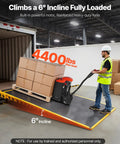 VEVOR Electric Pallet Jack Truck, 4400 Lbs Heavy Duty Capacity, 27x48 In Steel Forks, moving boxes up a 6° incline.