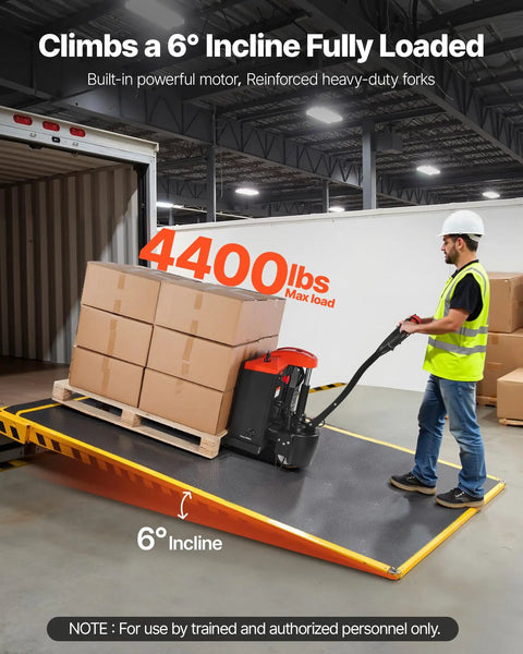 VEVOR Electric Pallet Jack Truck, 4400 Lbs Heavy Duty Capacity, 27x48 In Steel Forks, moving boxes up a 6° incline.