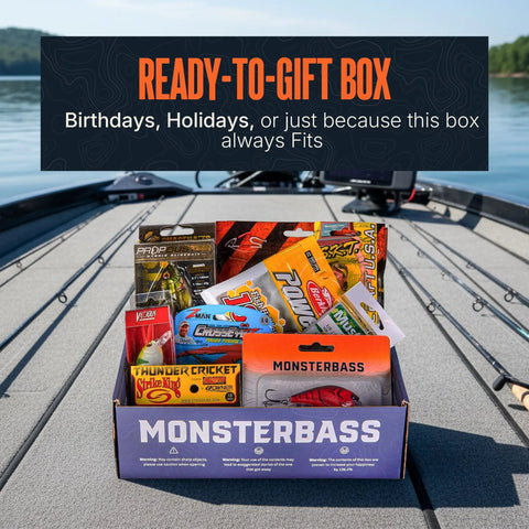 Platinum Series Mystery Tackle Box for Bass Fishing with 7 Premium Lures Kit on boat deck ready for gifting.