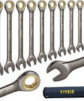 Ratcheting Combination Wrench Set 10 Piece Metric 8mm to 18mm with 72 Tooth 12 Point Chrome Vanadium Steel and Roll Up Pouch