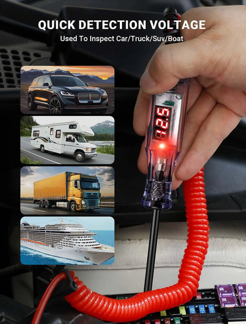 All Purpose Automotive Test Light With 5-120V LED Digital Voltage Display, Circuit Tester With Voltmeter And Dual Color Polarity Indicator, Long Probe Electrical Test Pen For Car, Truck, RV Fuse Checker in hand testing vehicle voltage