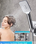 Big 10 Inch Square Rain Shower Head With Handheld Spray shown in use, attached to wall with water spraying