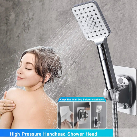 Big 10 Inch Square Rain Shower Head With Handheld Spray shown in use, attached to wall with water spraying