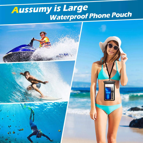 Woman on beach with 4 Pack 10.5 Inch Waterproof Phone Pouches For Underwater Use, Clear Dry Bags with Neck Lanyard, surfing and snorkeling scenes