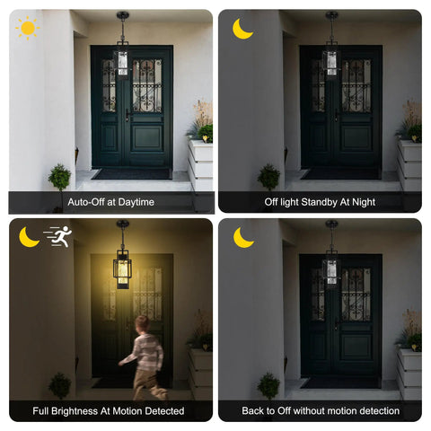 Top Shelf Modern Black Metal Motion Sensor Outdoor Pendant Light Slick Finish Exterior Hanging Lantern showcasing daytime and nighttime features.