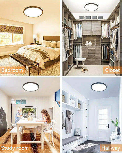 4 Pack LED Flush Mount Ceiling Lights Black 9 Inch 24W Ultra Slim Not Dimmable Daylight 5000K shown in various room settings