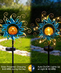 Outdoor Light Stakes for Garden Decor With Blue Metal Sun Crackle Glass Globes Waterproof 30 LED Pathway Lawn Yard Patio Lights Warm Fixed Glow Perfect Gift for Women and Moms, shown illuminated at night and charging during the day