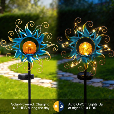 Outdoor Light Stakes for Garden Decor With Blue Metal Sun Crackle Glass Globes Waterproof 30 LED Pathway Lawn Yard Patio Lights Warm Fixed Glow Perfect Gift for Women and Moms, shown illuminated at night and charging during the day