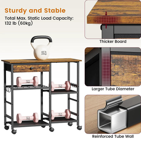 Microwave Stand With Wheels 6-Tier Rolling Cart Adjustable Shelves Kitchen Island Storage shown with weights, wheels, and material details.