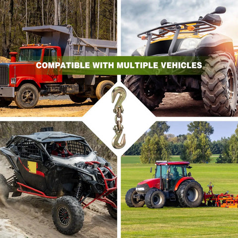 No Nonsense Heavy Duty Double Clevis Slip Hooks 2 Pack With Straight Up 12000 Lbs Load Capacity, shown with various vehicles.