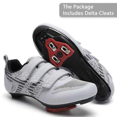 Road Bike And Indoor Cycling Shoes With Preinstalled Delta Cleats For Men Women, 3 Straps, Unisex Size 5.5 Gray, SPD Compatible